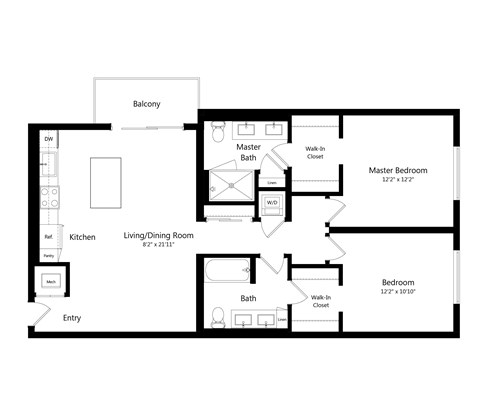 Floor plan for 2 beds, 2 baths, 1127 sqft